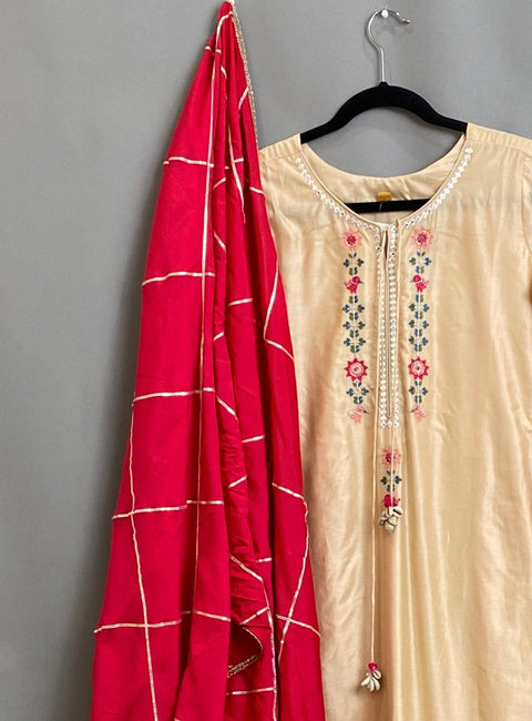 Beige and Rani Pink Kurta, Pants & Dupatta set