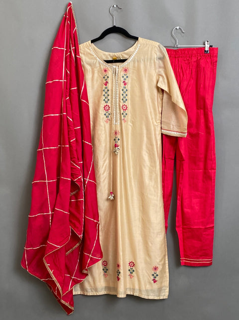 Beige and Rani Pink Kurta, Pants & Dupatta set