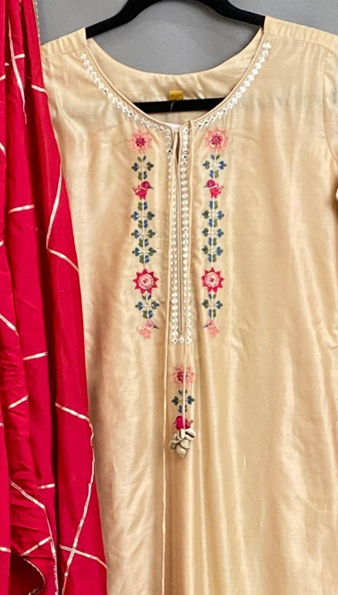 Beige and Rani Pink Kurta, Pants & Dupatta set