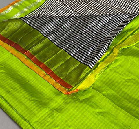 Gadwal Saree-Black and White Checked pattern, Green and Orange W/ Silver Zari (Attached Blouse Material)