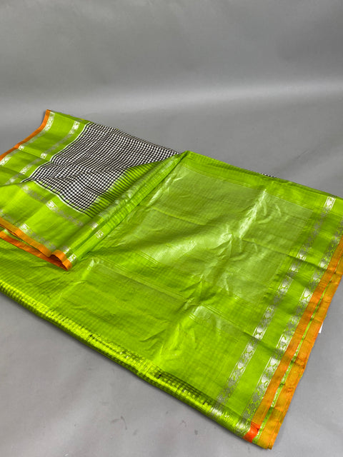 Gadwal Saree-Black and White Checked pattern, Green and Orange W/ Silver Zari (Attached Blouse Material)