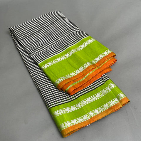 Gadwal Saree-Black and White Checked pattern, Green and Orange W/ Silver Zari (Attached Blouse Material)
