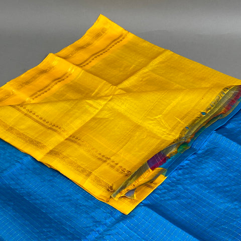 Gadwal Saree- Blue and Yellow W/ Gold Zari (Attached Blouse Material)