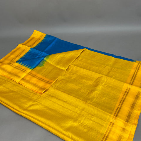 Gadwal Saree- Blue and Yellow W/ Gold Zari (Attached Blouse Material)