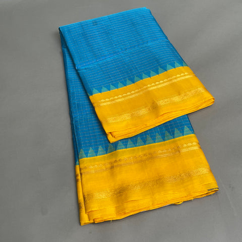 Gadwal Saree- Blue and Yellow W/ Gold Zari (Attached Blouse Material)