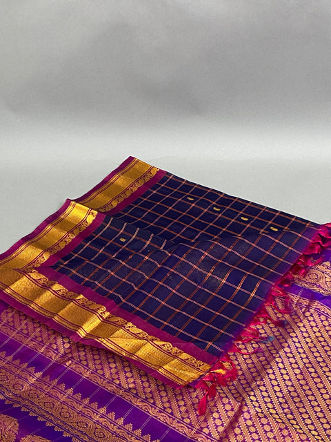 Gadwal Saree- Deep Navy-Blue and Maroon W/ Gold Zari (Attached Blouse Material)