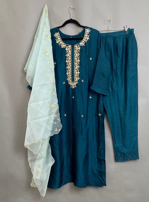 Green W/ Teal Organza Handwork Kurta, Pant and Dupatta Set