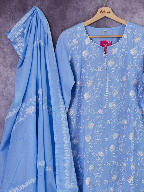 Blue Cotton Kurta, pant  & Dupatta set