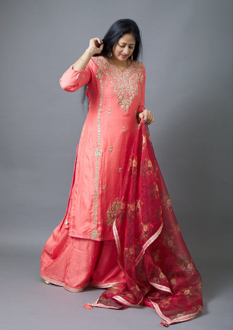 Peach Kurta, Pant and Floral Dupatta set