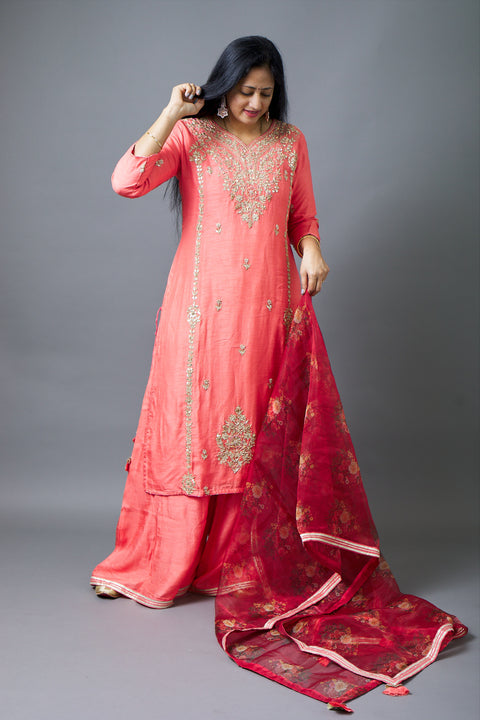 Peach Kurta, Pant and Floral Dupatta set