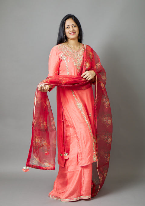 Peach Kurta, Pant and Floral Dupatta set