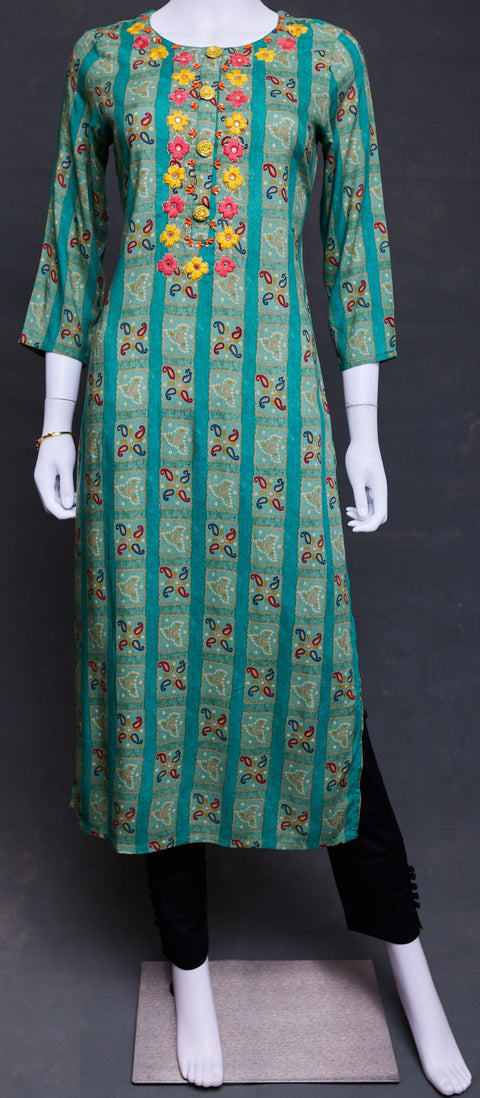 Teal Straight Kurti with Embriodery design