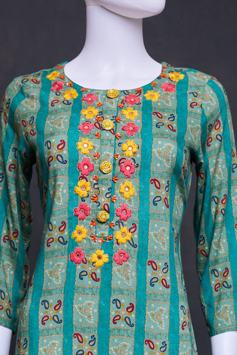 Teal Straight Kurti with Embriodery design