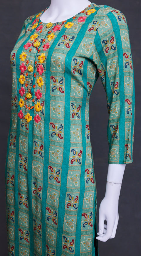 Teal Straight Kurti with Embriodery design