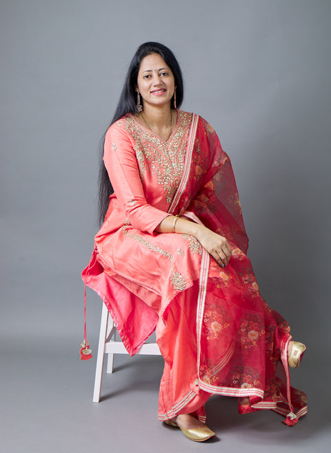 Peach Kurta, Pant and Floral Dupatta set