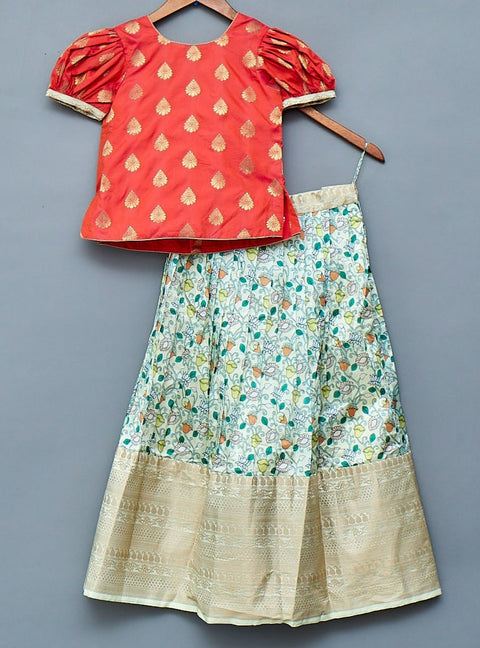 Lemon Green and Orange Kids Lehengas