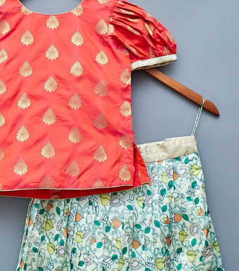 Lemon Green and Orange Kids Lehengas