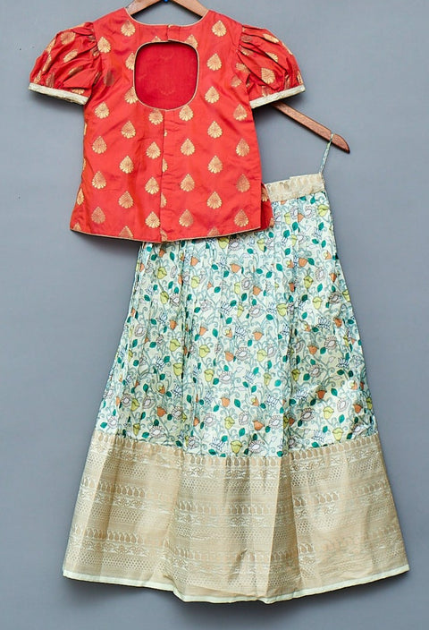Lemon Green and Orange Kids Lehengas
