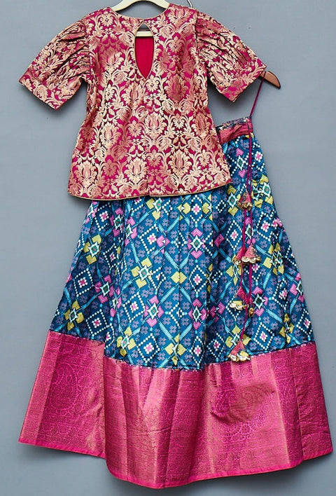 Blue and Pink Patola print Kids Lehengas