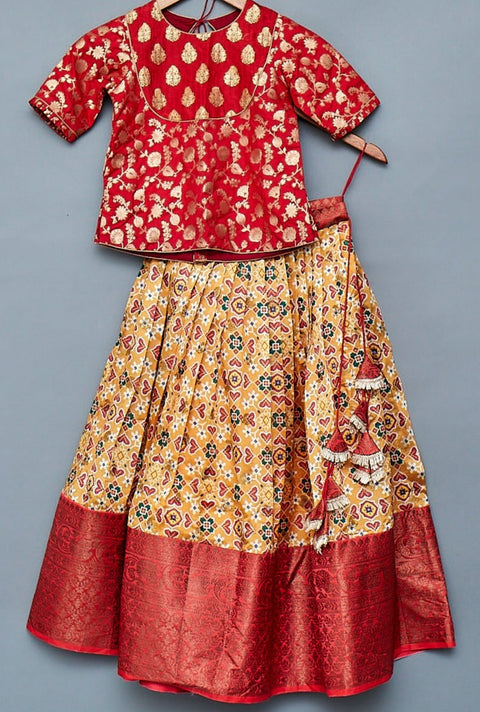 Red and Mustard Patola print Kids Lehangas