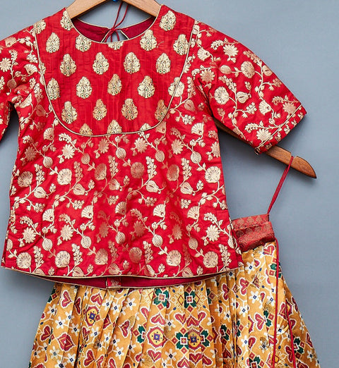 Red and Mustard Patola print Kids Lehangas