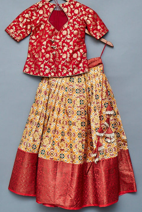 Red and Mustard Patola print Kids Lehangas
