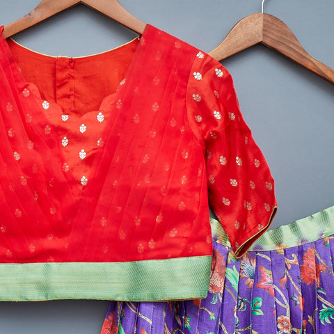 Green, Violet and Red Crop Top Lehenga