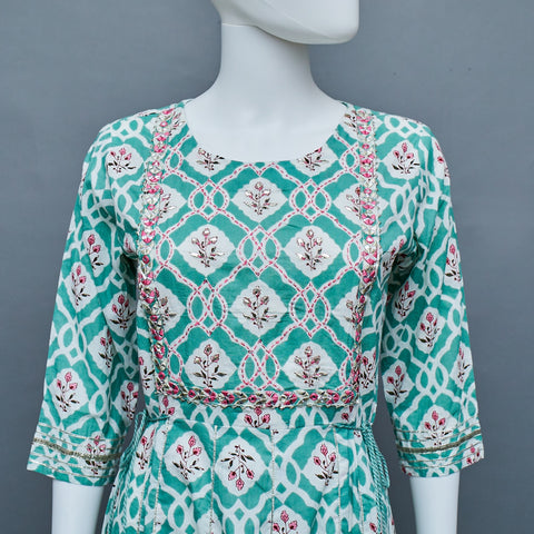 Green White Pink  A-Line Kurti