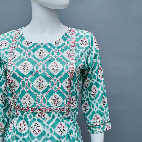Green White Pink  A-Line Kurti