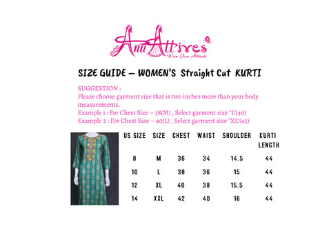 Teal Straight Kurti with Embriodery design