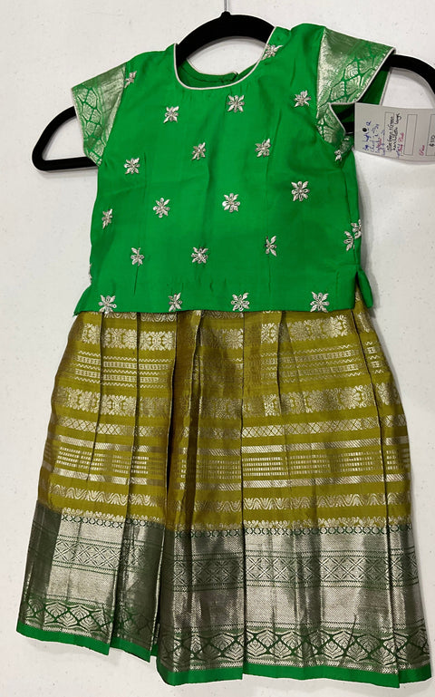 Olive Green and Green Kanchipattu Kids Lehangas