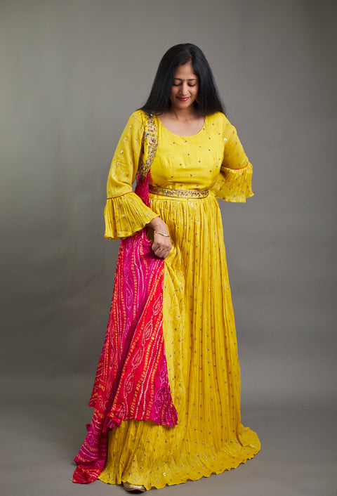 Yellow Gown With Bandhini