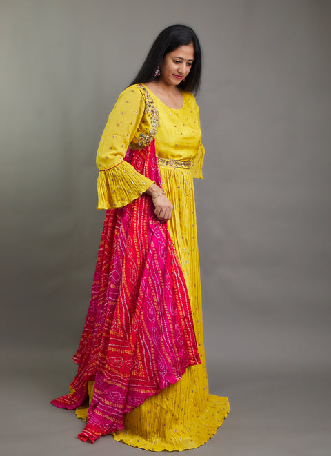 Yellow Gown With Bandhini