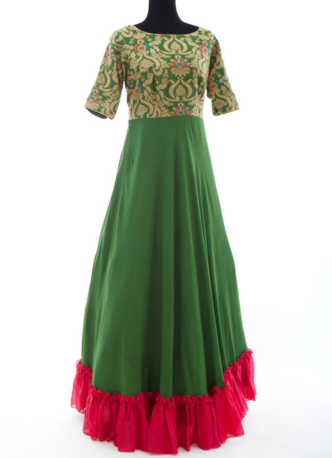 Green Brocade Gown With Contrast Bottom Frills