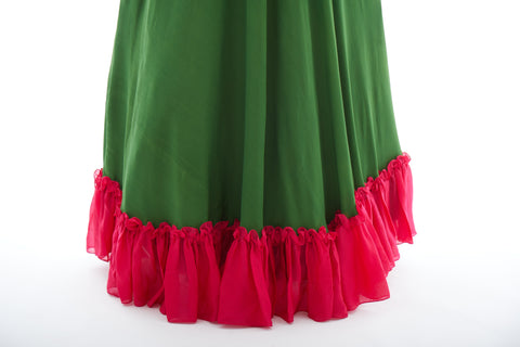 Green Brocade Gown With Contrast Bottom Frills