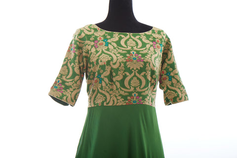 Green Brocade Gown With Contrast Bottom Frills