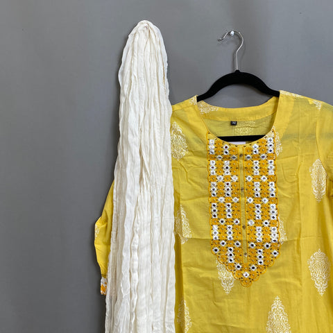 Yellow Cotton Kurta, Pant & Dupatta set