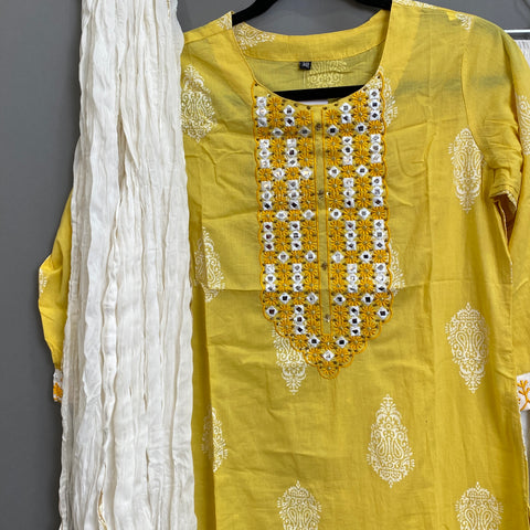 Yellow Cotton Kurta, Pant & Dupatta set