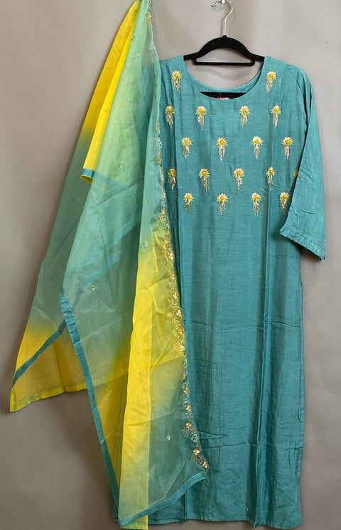 Green and Yellow Straight Kurti With Organza Dupatta