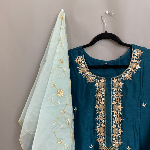 Green W/ Teal Organza Handwork Kurta, Pant and Dupatta Set