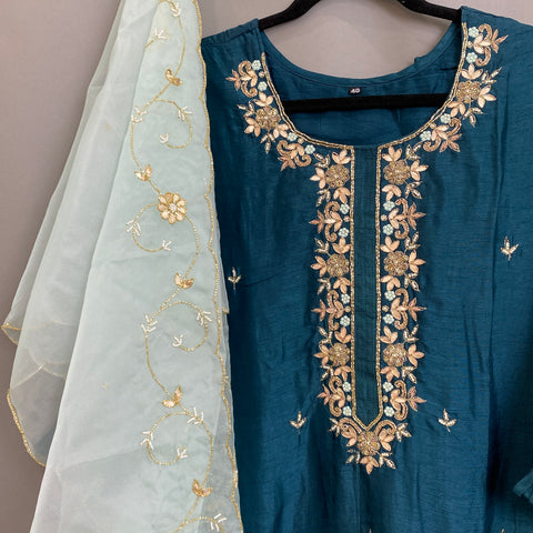 Green W/ Teal Organza Handwork Kurta, Pant and Dupatta Set