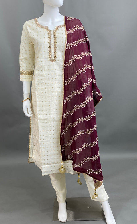 Cream and Burgundy  Handwork Kurta, Pant and Dupatta set