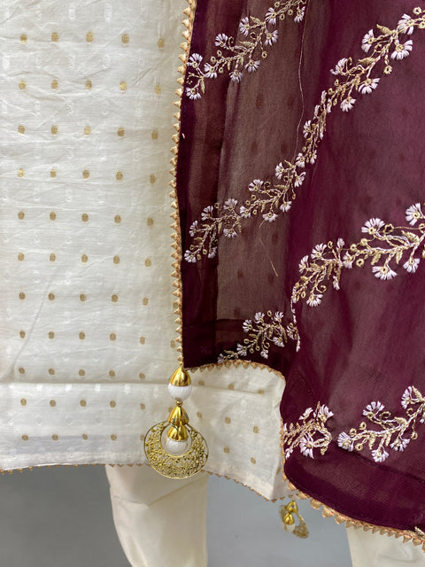 Cream and Burgundy  Handwork Kurta, Pant and Dupatta set