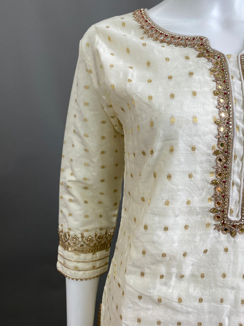 Cream and Burgundy  Handwork Kurta, Pant and Dupatta set