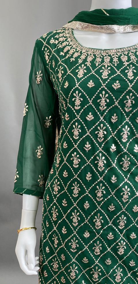 Bottle Green Kurta, Pant and Dupatta set