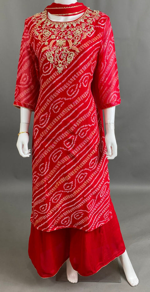 Red bhandini Kurta, Pant and Dupatta set
