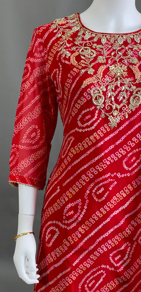 Red bhandini Kurta, Pant and Dupatta set