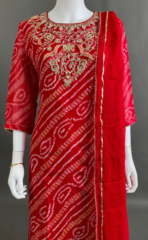 Red bhandini Kurta, Pant and Dupatta set