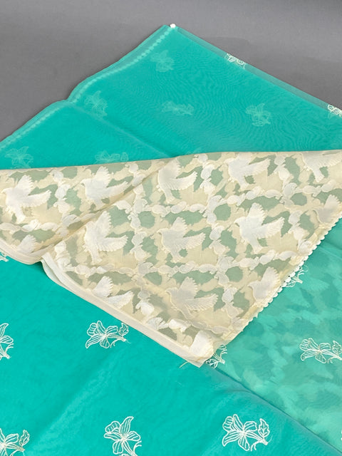 Green and White Organza saree