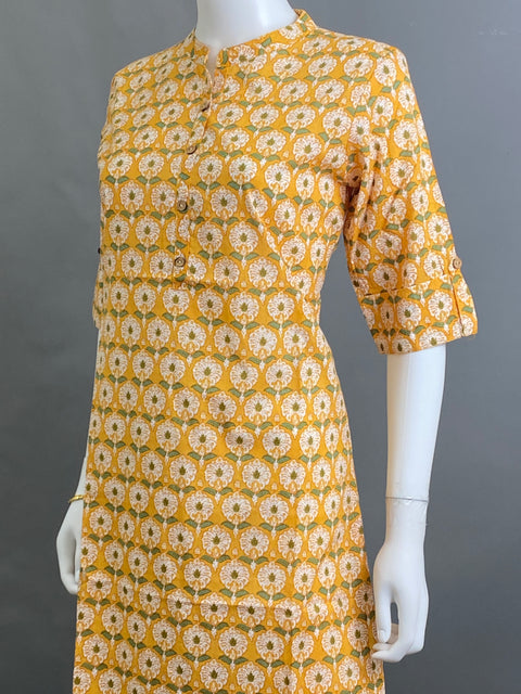 Mustard yellow cotton kurti with floral block print design for casual wear